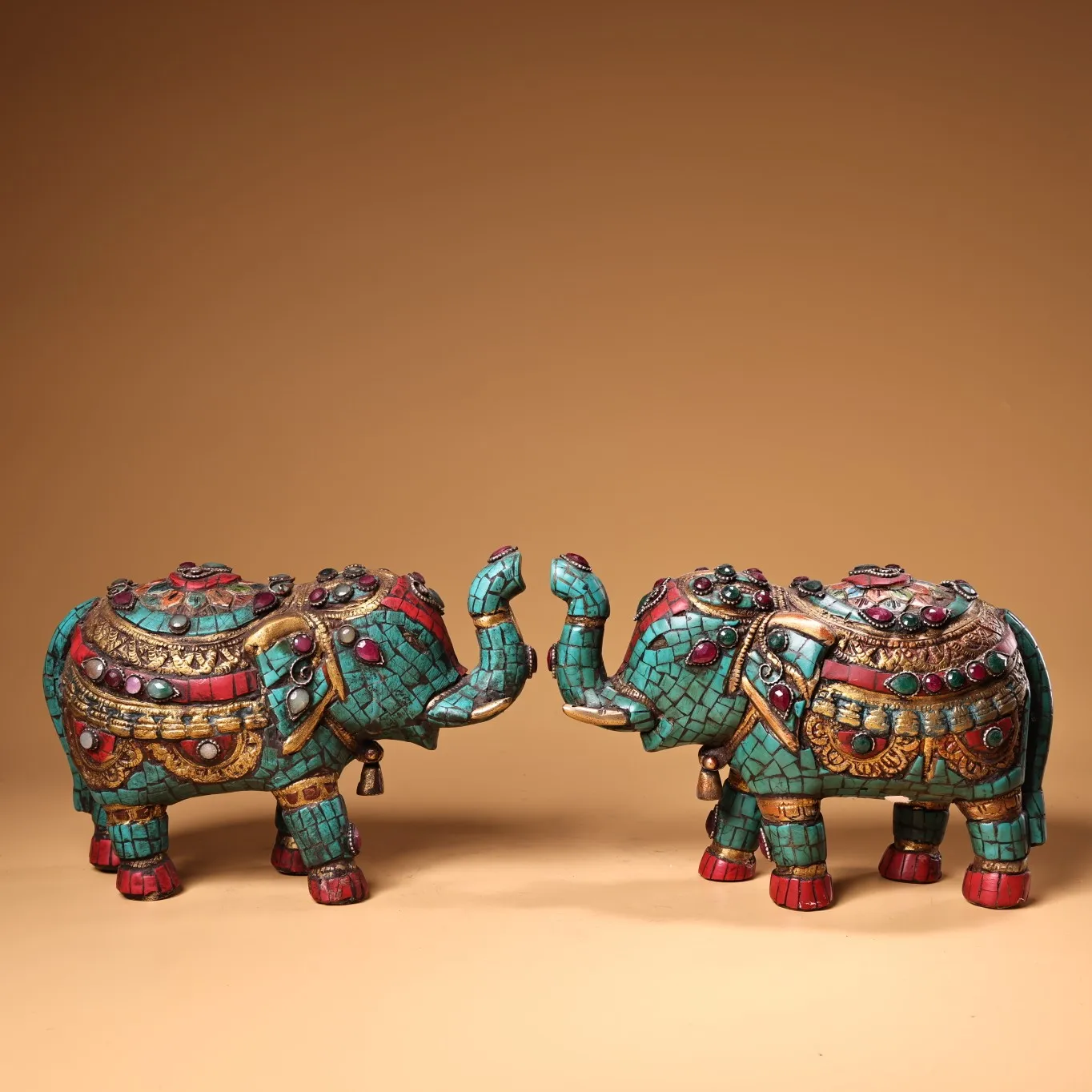 

8"Tibet Temple Collection Old Bronze Outline in gold Mosaic Gem Turquoise Elephant Statue A Pair Auspicious peaceful Town house