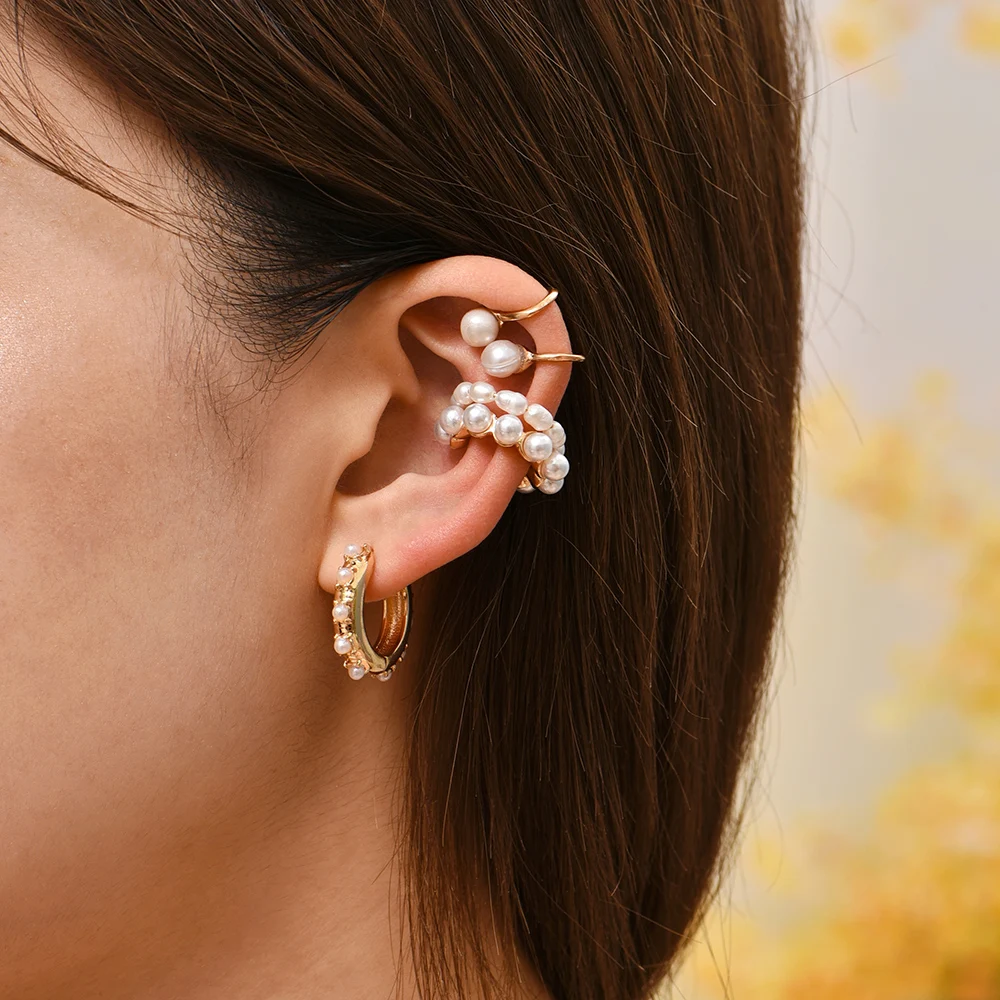 2024 New Fashion Pearl Ear Cuff Bohemia Stackable C Shaped CZ Rhinestone Small Earcuffs Clip Earrings for Women Wedding Jewelry