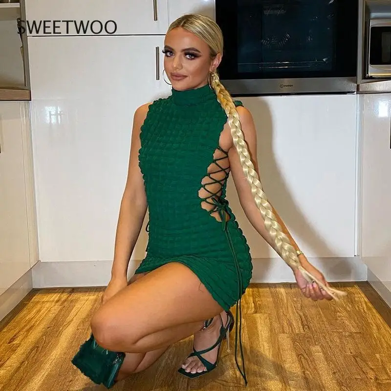 

Spring Summer Casual Green Dresses for Women 2022 Sleeveless Hollow Out Dress Female Sexy Bodycon Mini Party Dress Tide Chic Ins