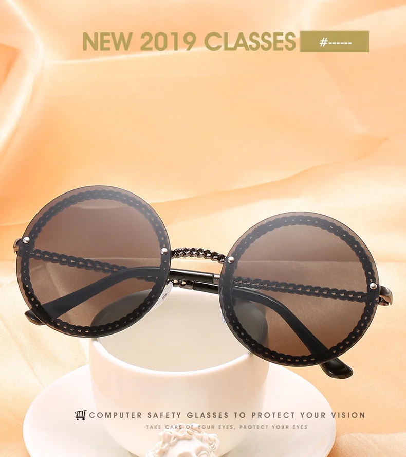 QPeClou 2019 Fashion Chain Round Sunglasses Women Metal Brand Designer Sun Glasses Men Black Eyeglasses Not Included Chain Women's Glasses