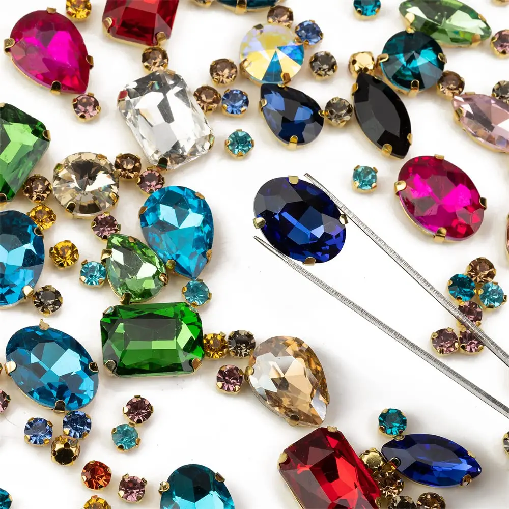 Sew on rhinestones 130PCS glass metal back prong setting mixed shapes