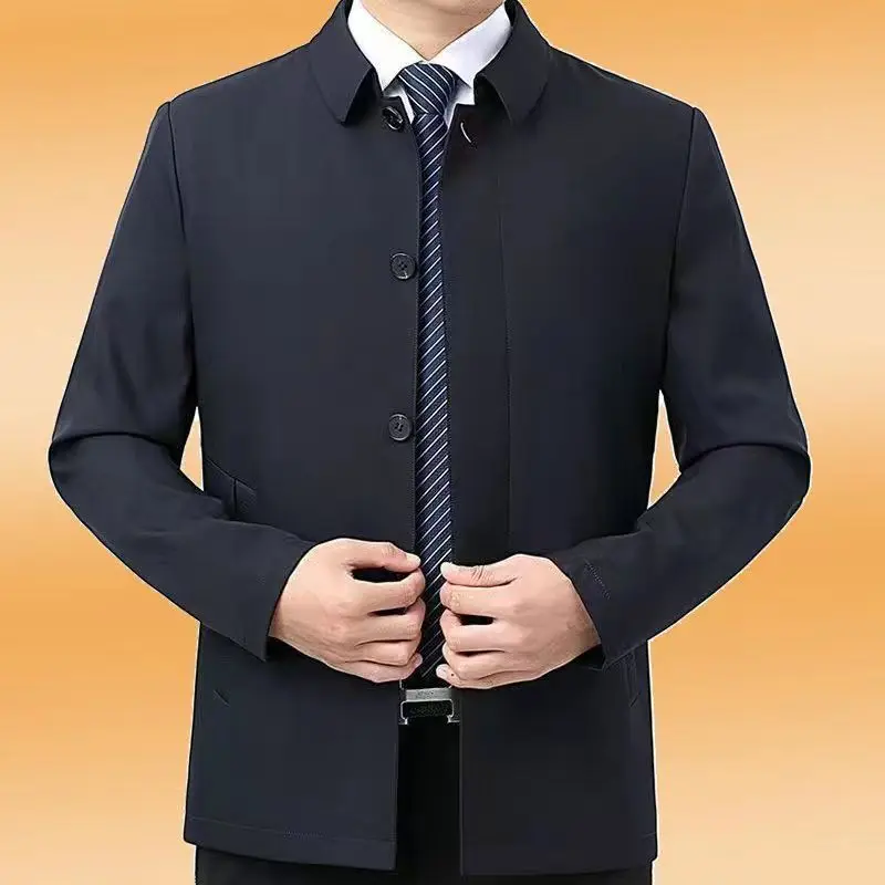 

Куртка мужская деловая Повседневная, Брендовая верхняя одежда с отложным воротником, на пуговицах, одежда для мужчин среднего и пожилого возраста, Q440