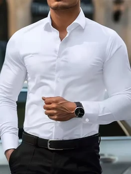 White men's Dress shirt without ironing, business casual, slim and slim black shirt, solid color, fashionable and high-quality 1