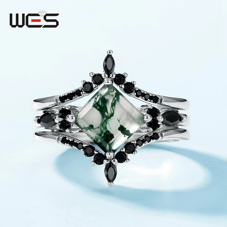 WES 925 Sterling Silver Crown Moss Agate Leaf Ring Sets for Women Mom Crystal Natural Gem Anniversary Jewelry Wholesale Gift 2
