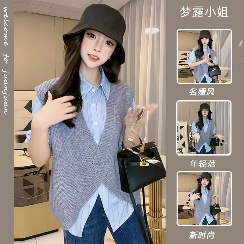 

Женский комплект из двух предметов, блузка в полоску во французском стиле с длинным рукавом и V-образным вырезом, трикотажный свитер, многослойный пуловер для женщин на весну и осень