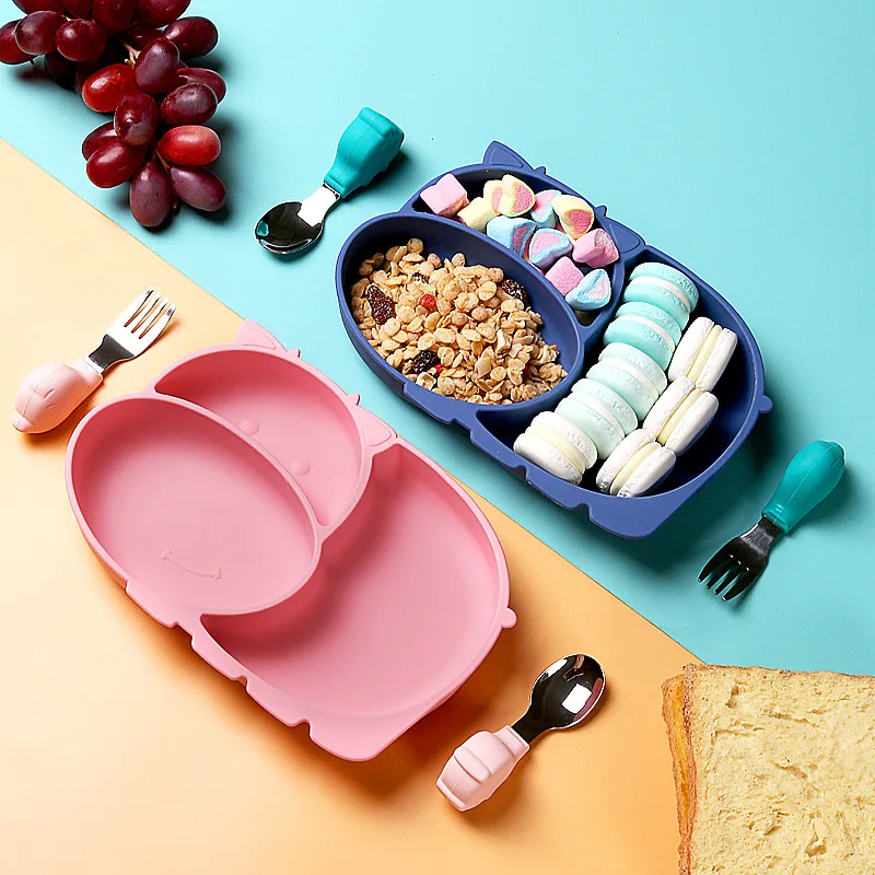 

Baby Bowl Spoon Fork Set Kids Children 3 Grids Cow Pattern Silicone Suction Feeding Tableware BPA Free Portable Dining Dishes