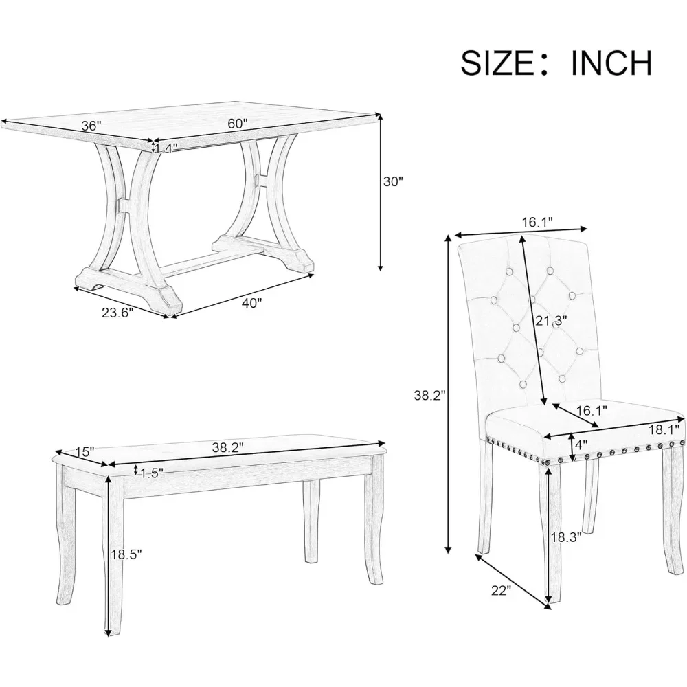 6-Piece Dining Table Set with Bench and 4 Upholstered Chairs 2