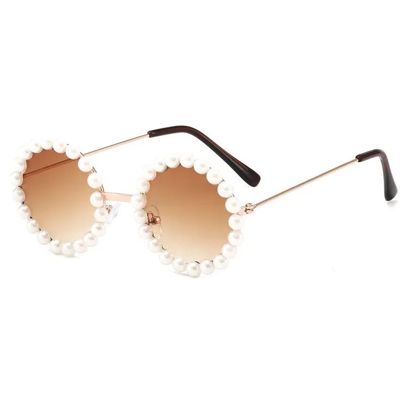 New Children's Circle Form Sunglasses Girl Decorative Pearl Frame Fashion Sun Glasses Cute Baby Outdoor Sunshade Eyewear UV400