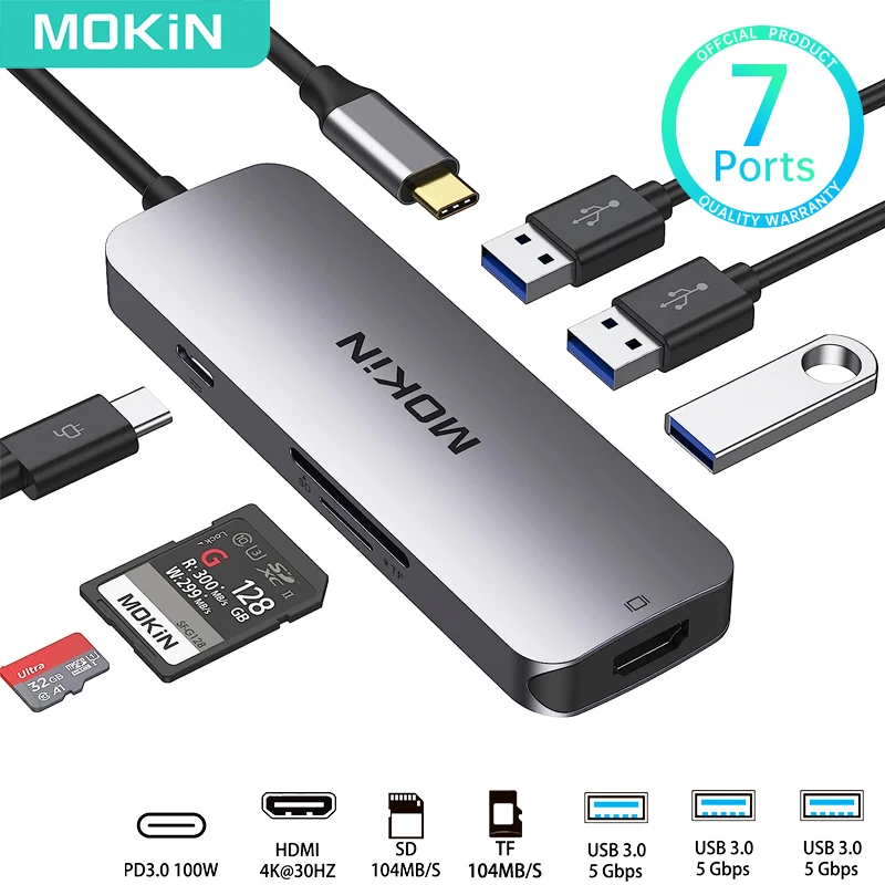 

MOKiN 7 IN 1 USB 3.0 USB C Hub 4K HDMI 100W PD Adapters SD/TF Card Reader Multiports Splitter Type C Hub for Desktop Accessories