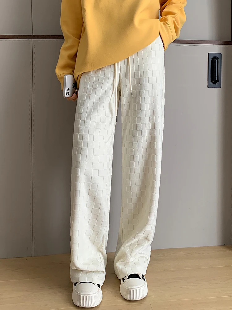 QOERLIN Thicken Check Pants Women High Waist Korean Fashion Elastic Waist Trousers Female Loose Casual Wide Leg Pants 2023 New