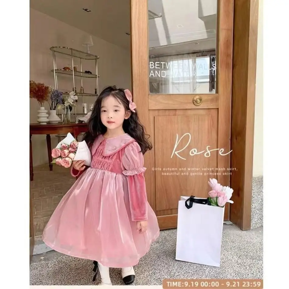 

Spring Autumn Child Toddler Infant Dresses Embroidery Princess Pink Tutu Party Clothes Warm Shiny Puff Sleeve Kids Dresses Girl
