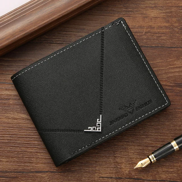 Portafoglio da uomo nuovo Porta soldi corto da uomo giovane uomo semplice moda multi-carta modello litchi portafoglio in pelle con giunture incrociate 2
