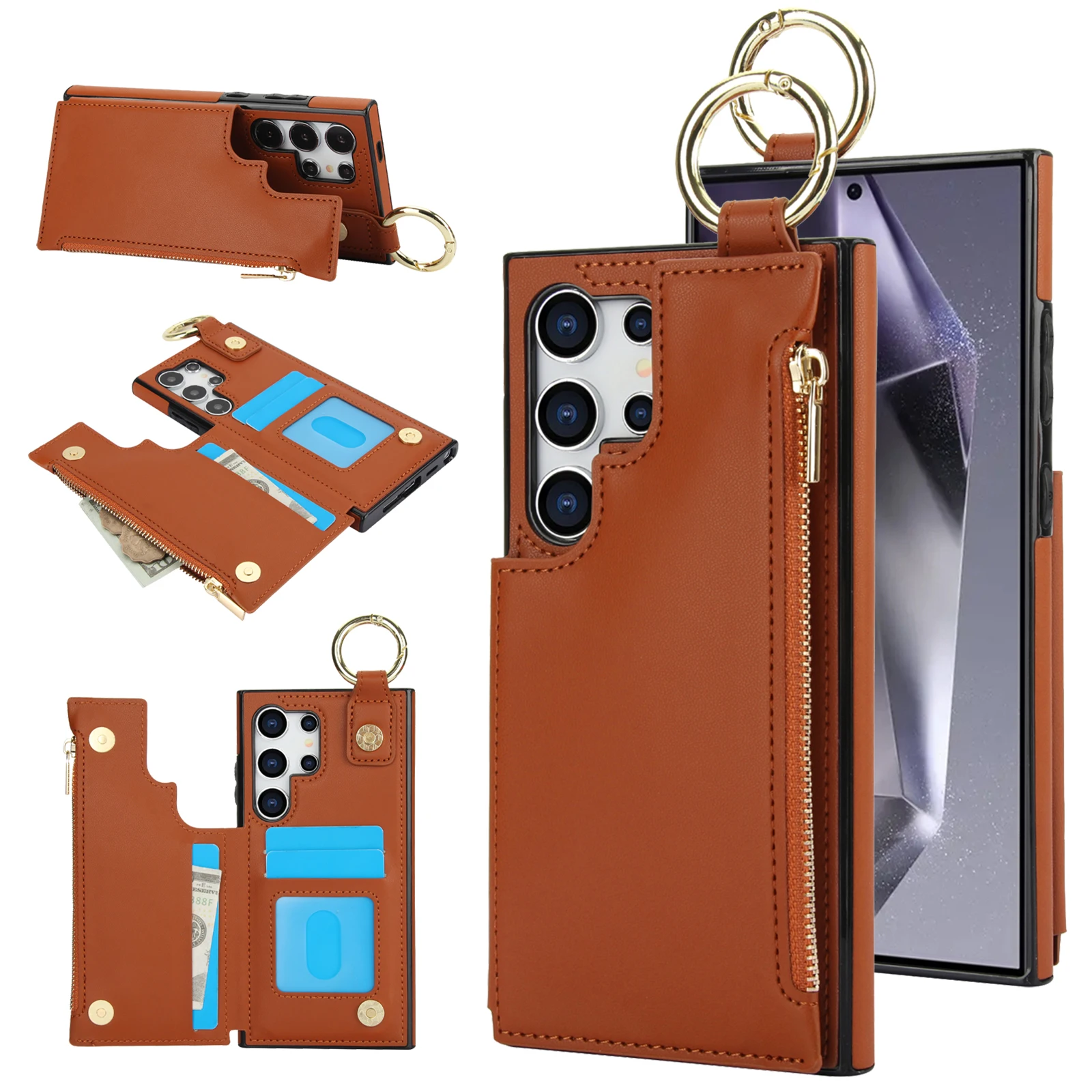 Ring Holder Zipper Cards Solt Leather Wallet Case For Samsung Galaxy S24 Ultra S23 Plus S22 S21 FE A55 A15 A35 A25 A14 A54 Bag_voghion.com