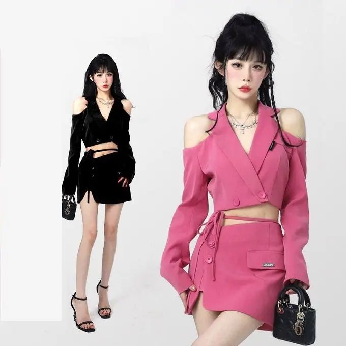 

2023 New Vintage Tweed Two Piece Set Women Strapless Crop Top Long Sleeve Short Jacket Coat Mini Skirts Sets Sweet 2 Piece Suits