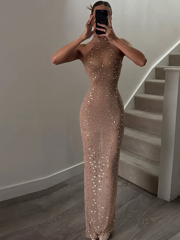 Kliou Sexy Dress Woman Fake Diamond Decoration o-Neck Off Shoulder High...