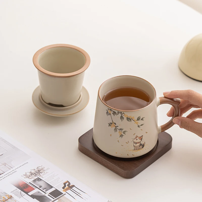 Chinese Style Ceramic Mugs, Home Personal Office Creative Teacup With Cover, Filtered Tea Water Separation, Tea Cups, 400ml, 1Pc