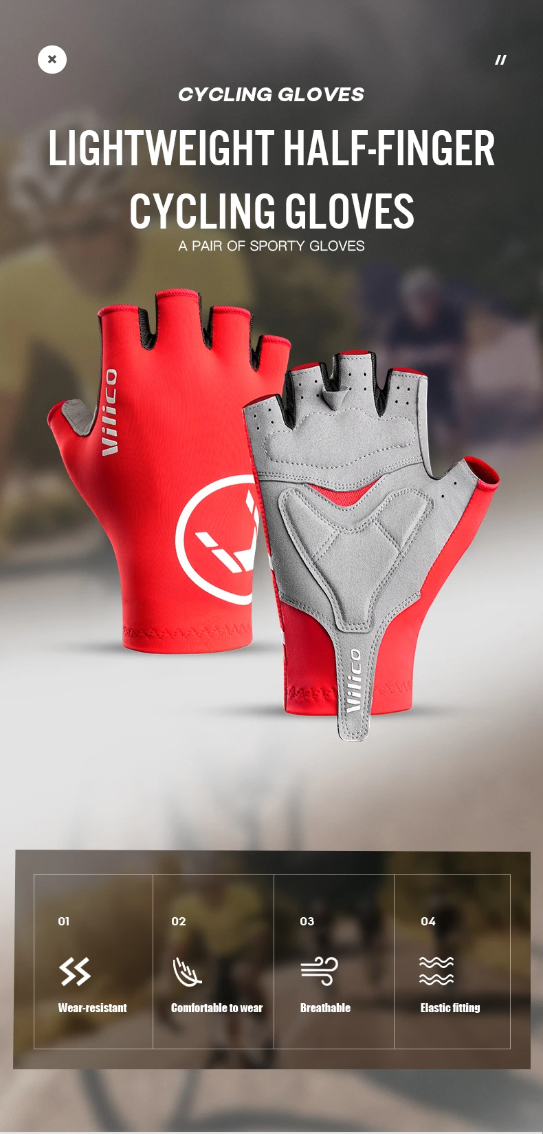 Vilico Leichte Halbfinger-Outdoor-Fahrradhandschuhe mit hochelastischem Stoff zur Polsterung, geeignet für mehrere Senarien – Detail 1