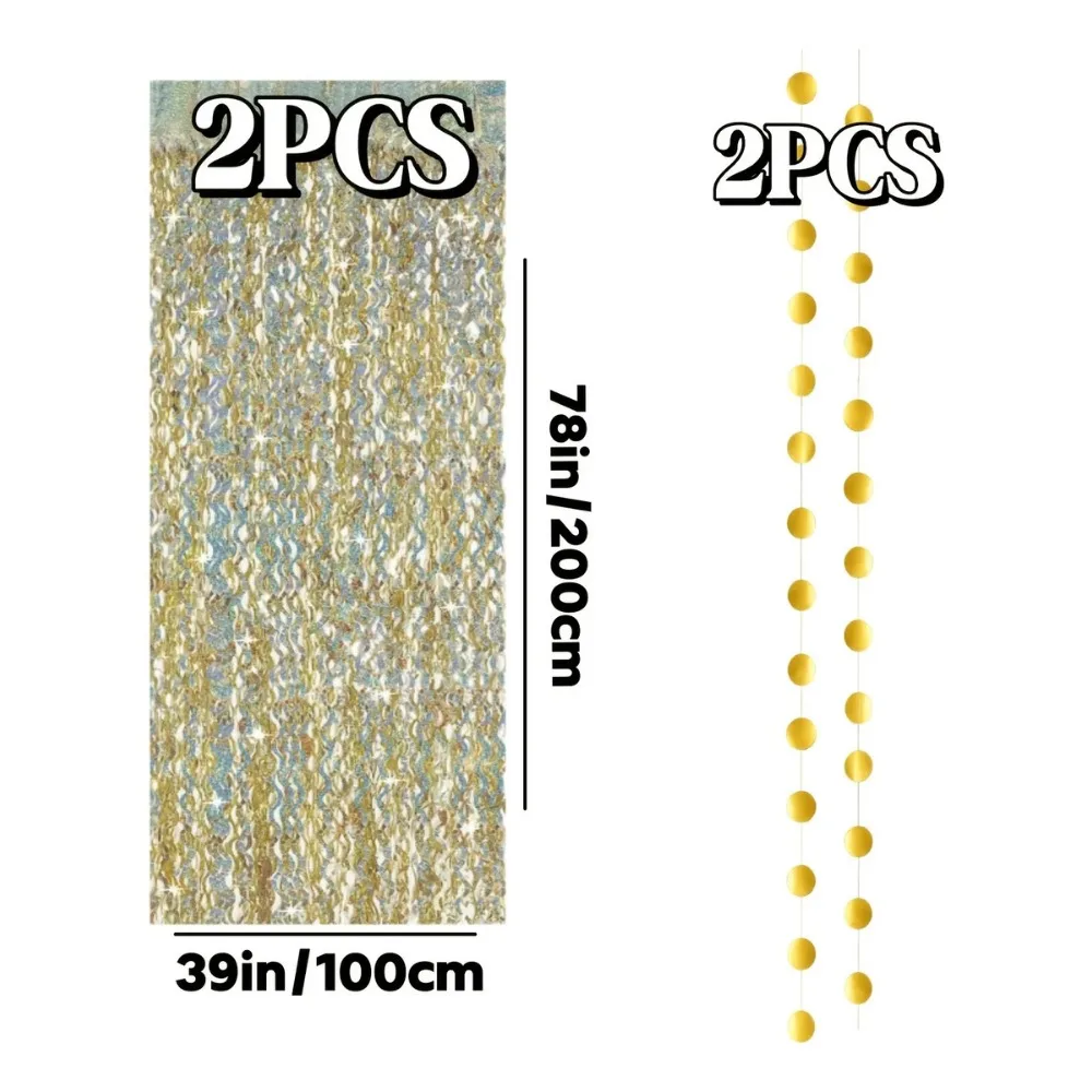 Gold Foil Fringe Curtain 4Pcs Shimmer Party Backdrop 4Pcs Champagne Gold Laser Wavy Foil Fringe Curtain with Golden Garland Wedding Birthday Party Photo Backdrop Decor 2
