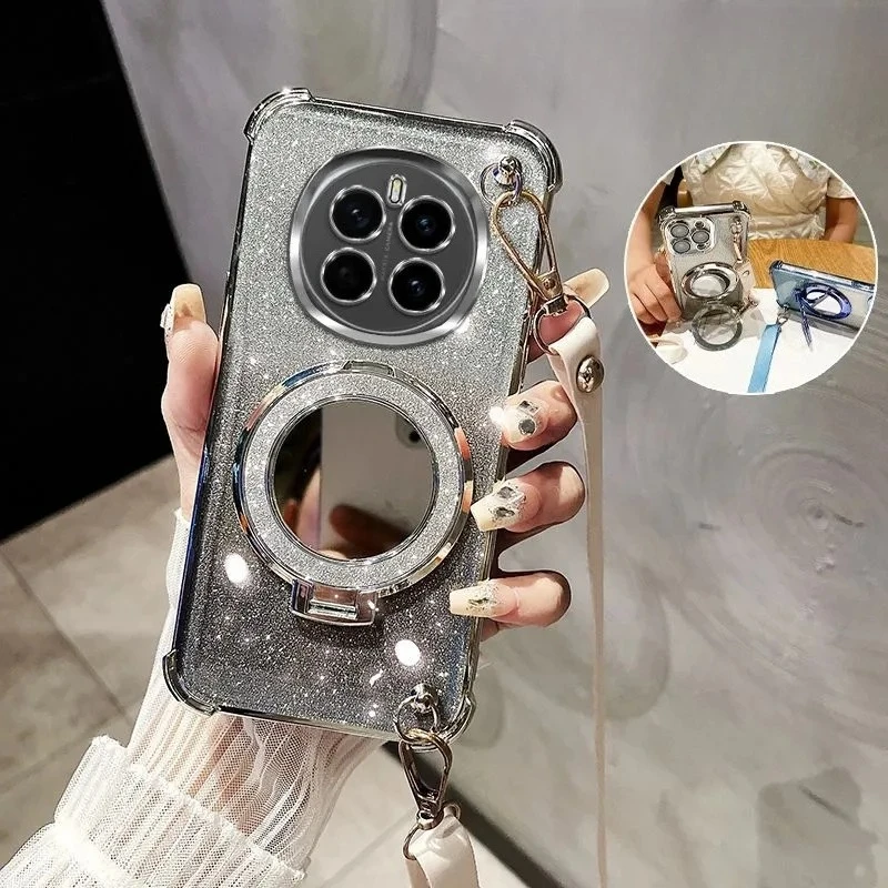 Crossbody Lanyard Shockproof Plating Case with Makeup Mirror Holder