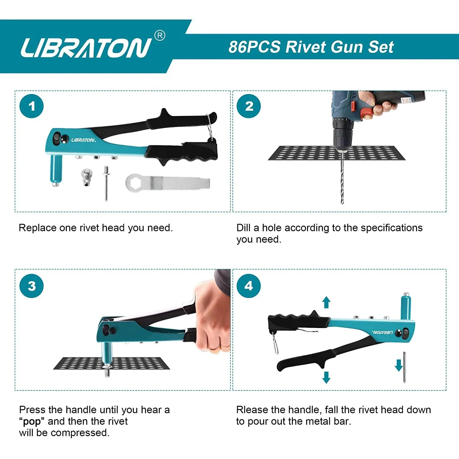 LIBRATON Rivet Gun Rivet Gun Kit Pop 80PCS Metal Rivets 4 Drill Bits Heavy Duty Hand Riveter Tool for Metal rivet gun rivet gun set