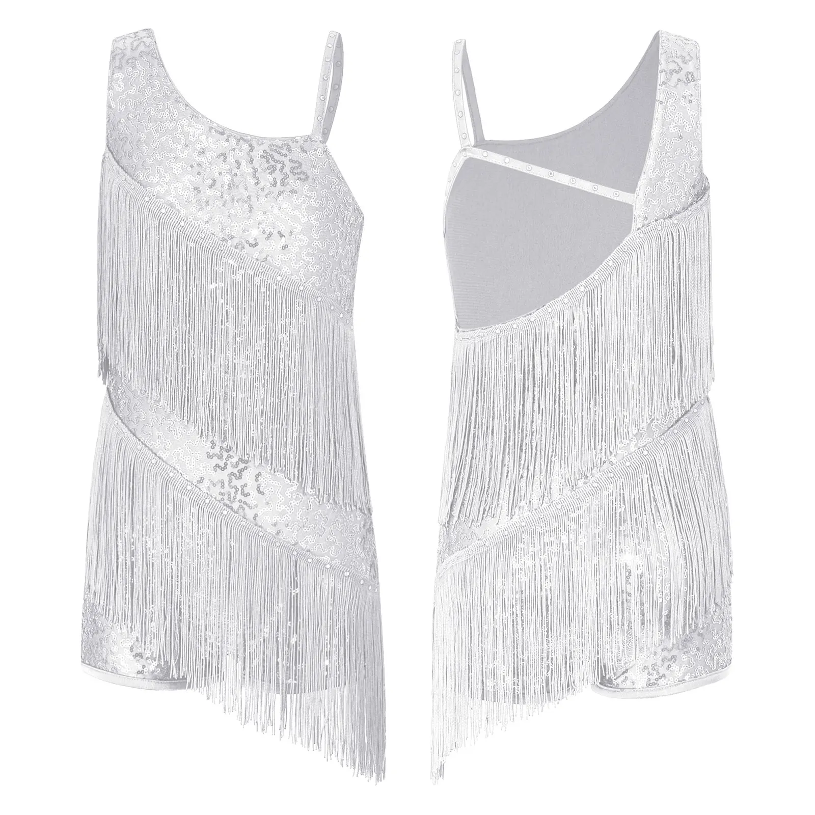 Kinder Mädchen Latin Dance Trikot Kleid Tango Cha Cha Rumba Samba Performance Dancewear Ärmellose Pailletten Strass Quaste Body – Detail 17