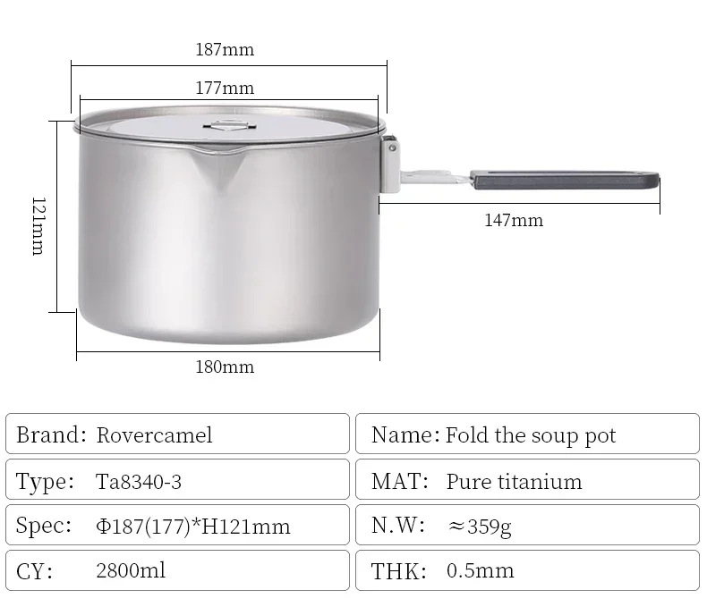 Camping Cookware Set Ultralight Titanium pot and Fry Pan with Foldable handle 3 Piece Cookset for Camping and Outdoor