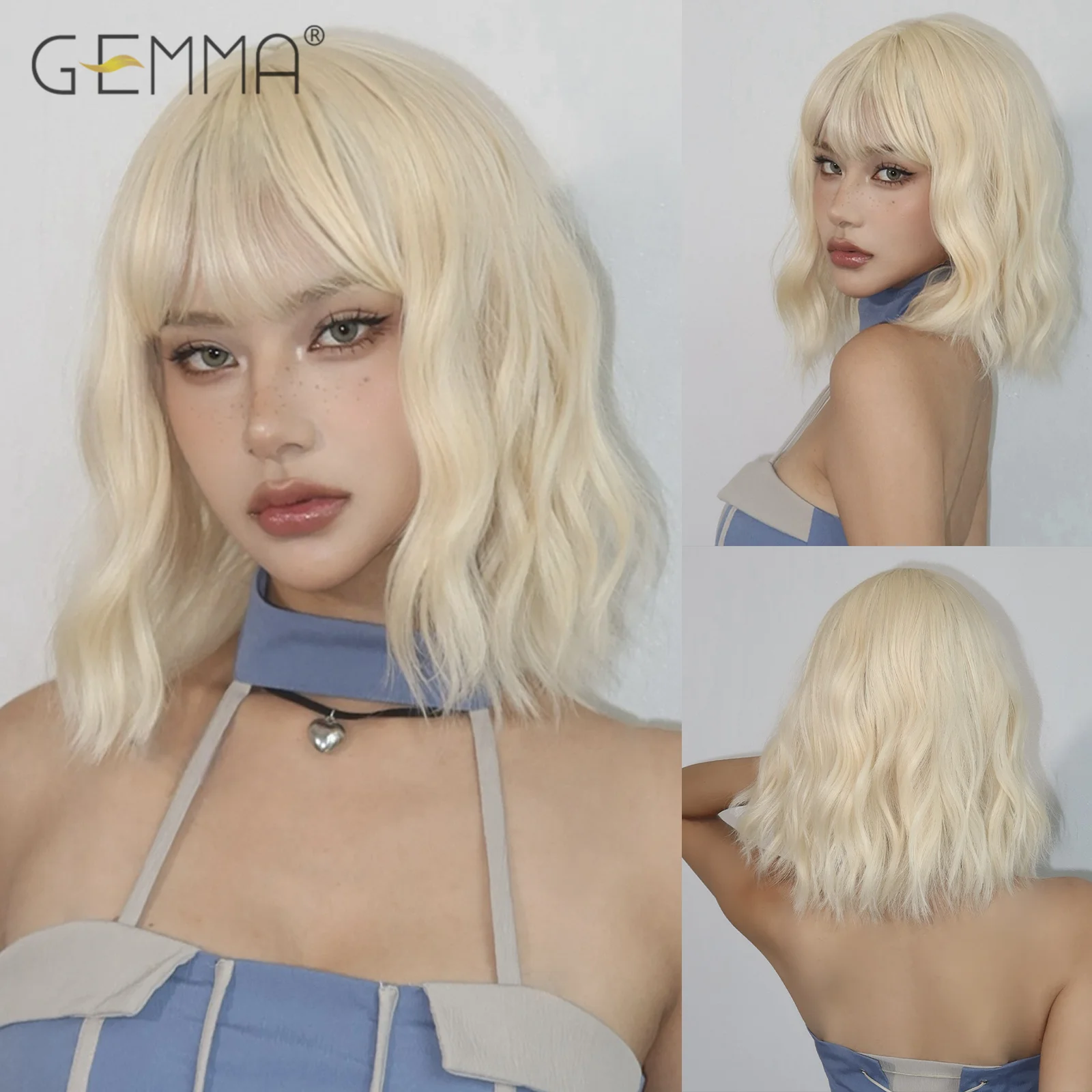 GEMMA Short Wavy Rice Blonde Wig with Bangs Synthetic Cosplay Wig for White Women Party Daily Lolita Fake Hair Heat Resistant