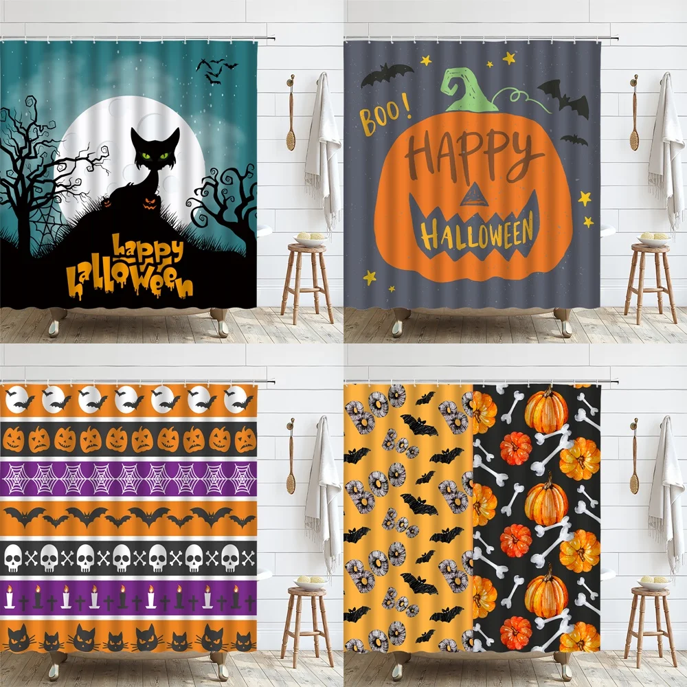 

Spooky Halloween Shower Curtain Pumpkin Witch Hat Bat Spider Web Cat Ghost Sugar Skull Moon Cartoon Kids Cloth Bathroom Curtains