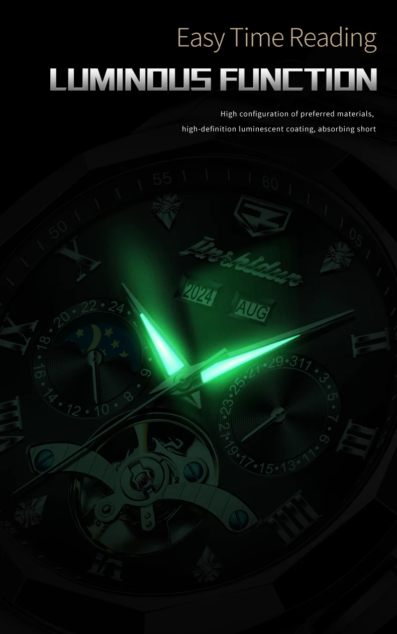 JINSHIDUN 8949 Herrenuhr mit hohlem Schwungrad, Mondphase, automatischem mechanischem Uhrwerk, Kalender, wasserdicht, leuchtend. – Detail 8