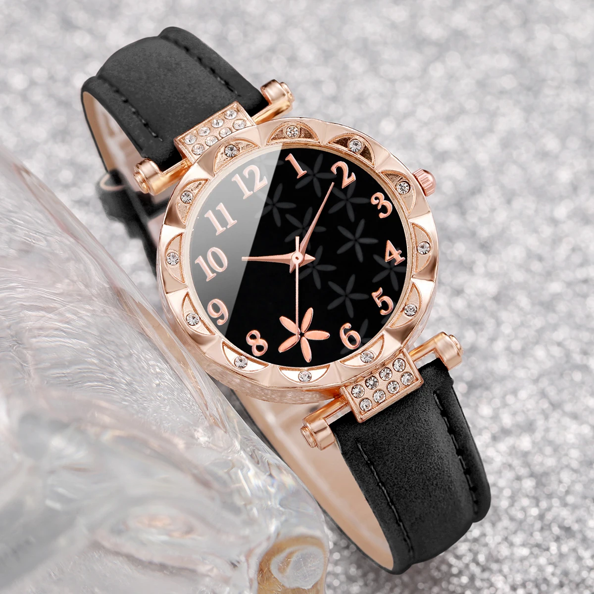 6PCS/Set Women's Sweet Wind Watch Set Fashion Flower Series Leather Quartz Watch Bracelet Set
