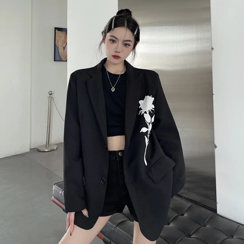 

Rose Printed Silhouette Women's Suit Jacket Spring and Autumn High-end Sense Fried Street Loose BF Style Black Suit Blazer Top