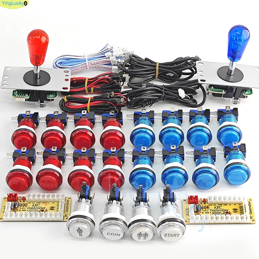 Dual Player DIY Arcade Game Kit with LED Push Buttons and American-Style Joystick