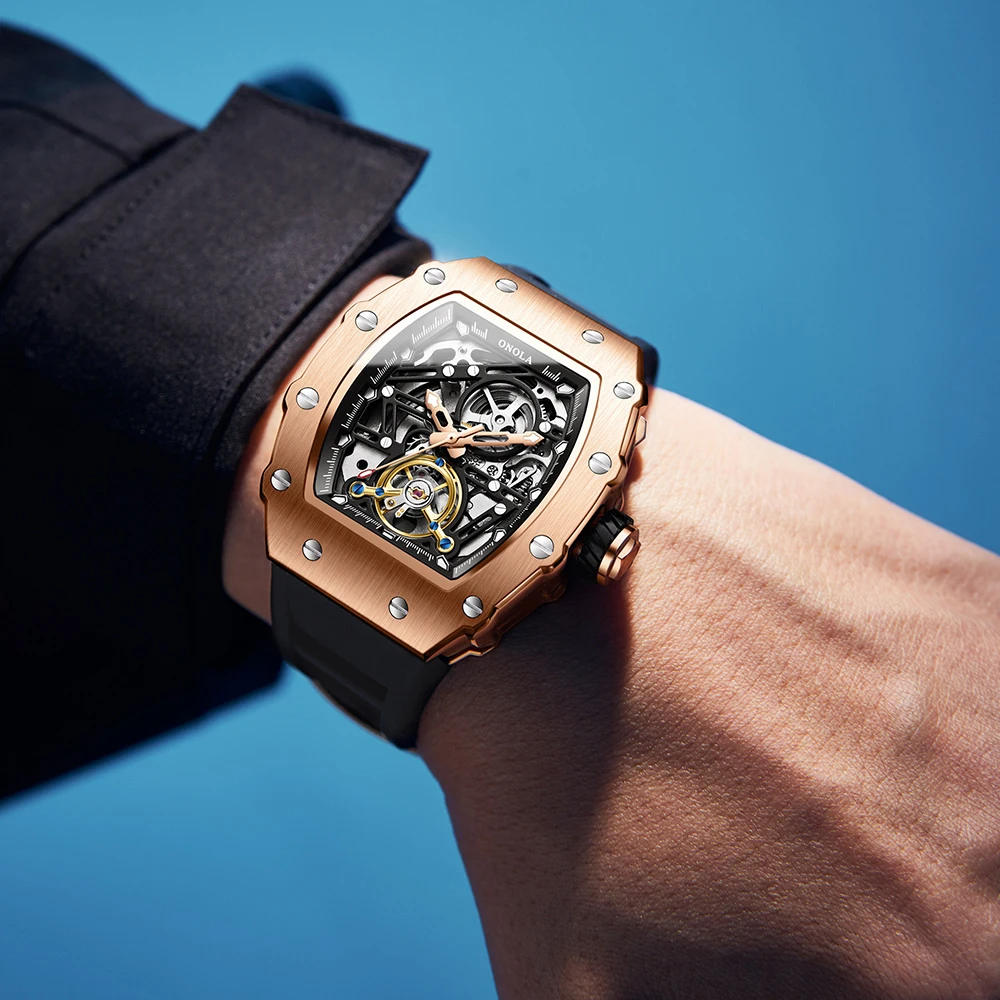 ONOLA 3854 Luxury Automatic Mechanical Silicone Watch Tourbillon Hollow Skeleton Men's Watches Reloj Automático De Hombre_voghion.com