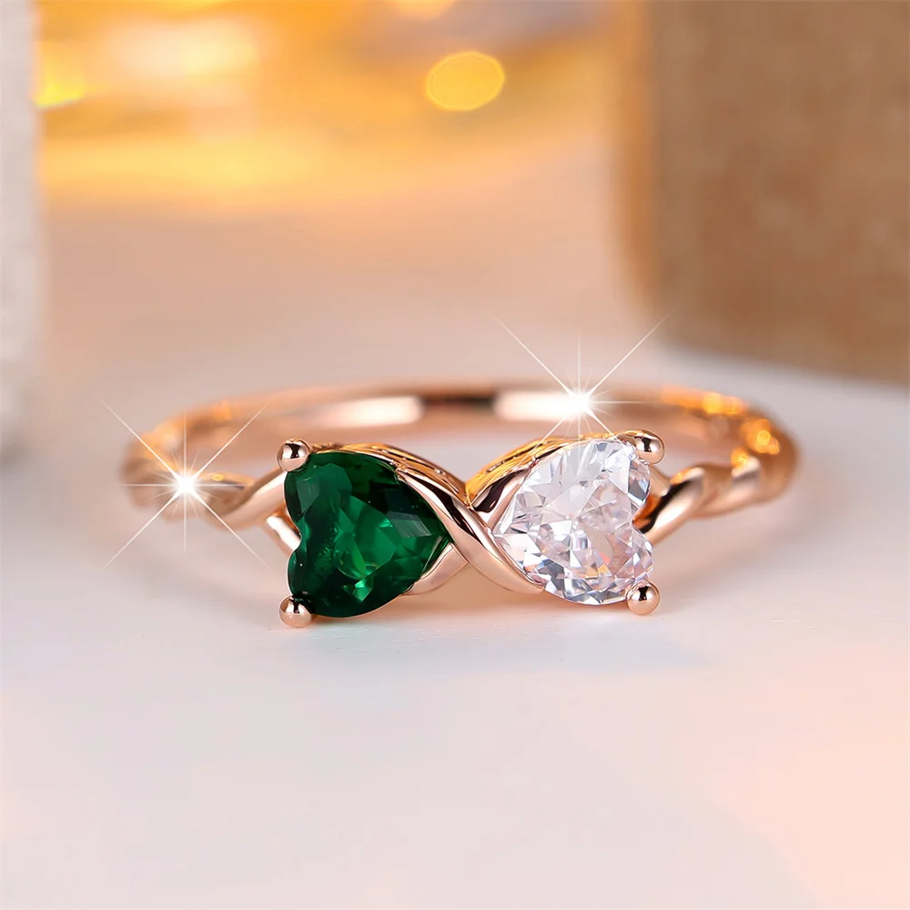 Green Crystal White Zircon Double Heart Stone Bowknot Rings For Women Rose Gold Silver Color Wedding Jewelry Valentines Day Gift