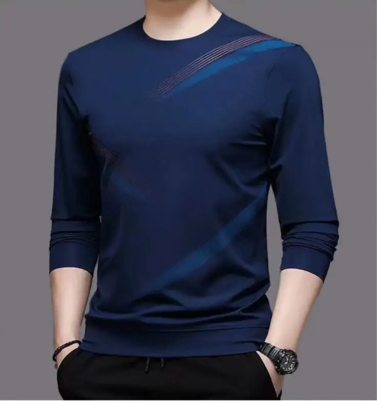 

Футболка мужская базовая с длинным рукавом, модная базовая деловая рубашка, повседневный топ свободного покроя в Корейском стиле, весна-осень