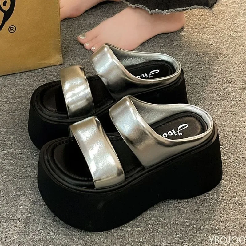Summer 2025 Women's Fashionable Wedge Heels Slides Chunky Sandals High Heels casual Woman Beach Thick Bottom comfort Flip Flops — view 2