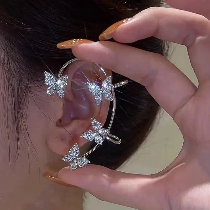 Silver Plated Leaf Butterfly Clip Earrings for Women Ear Clips Without Piercing Sparkling Zirconia Ear Cuff Fashion Jewelry