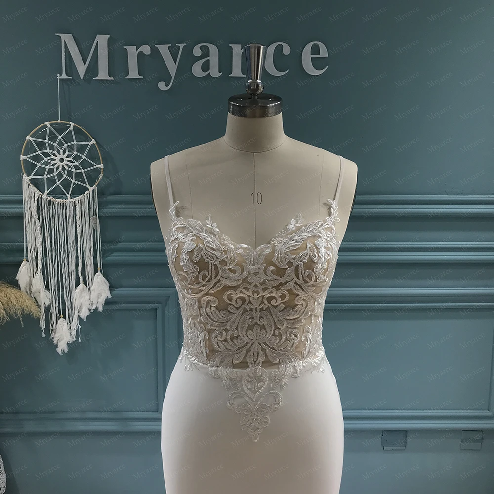 Mryarce Luxury Lace Crepe Wedding Dress Sexy Spaghetti Straps Long Train Bridal Gowns 4