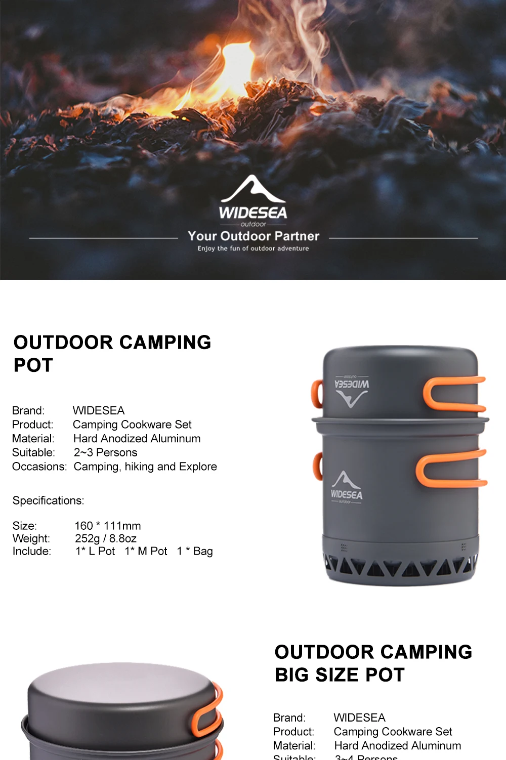 Widesea Camping Pot Cookware Set Heat Exchanger Cooking Outdoor Travel Portable Teapot Ultralight Bowl Hiking Picnic Barbecue