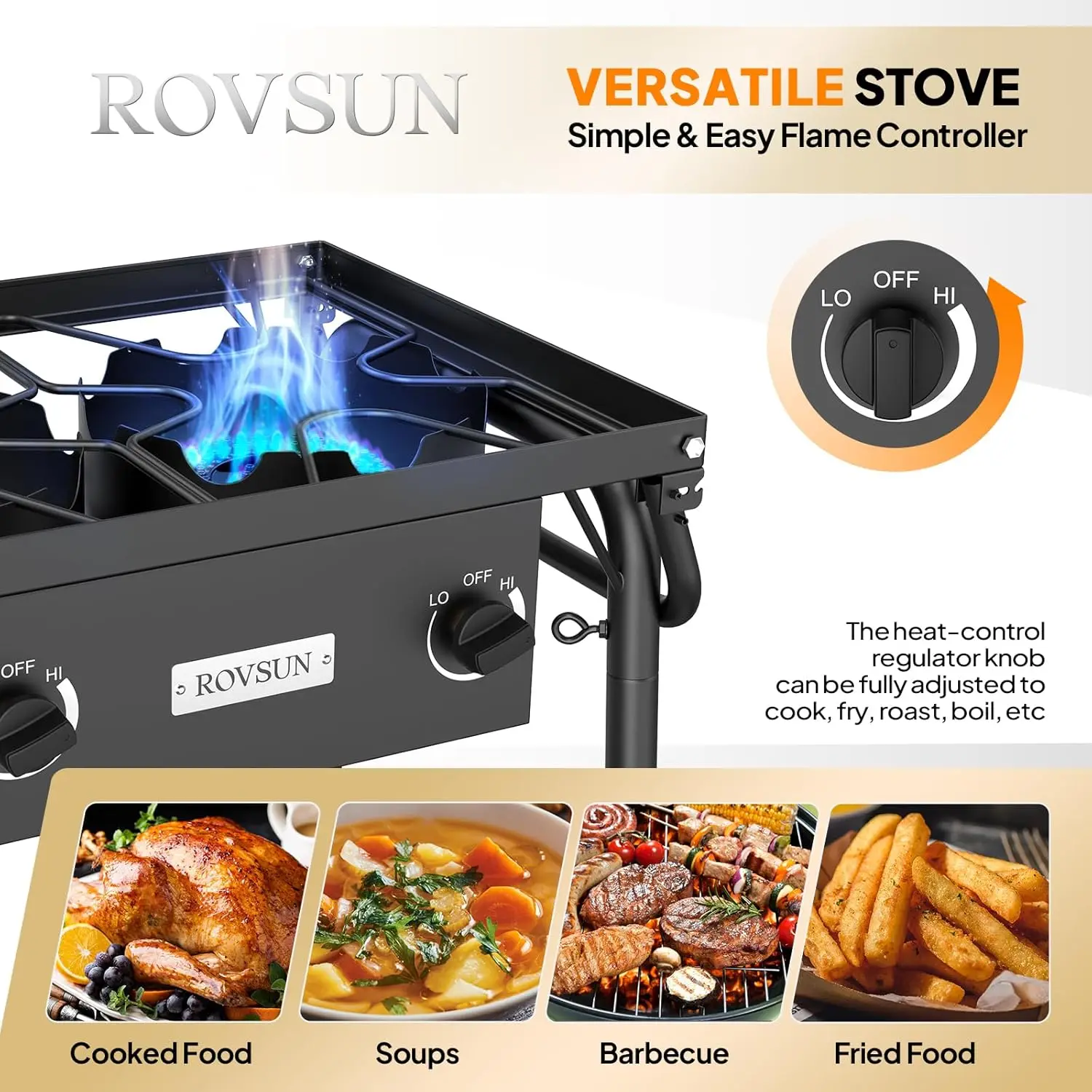 3 Burner Gas Stove with 2 Side Shelves, 225,000BTU Portable Propane Stove with Removable Leg, Wind Panel, Regulator for Camping 4
