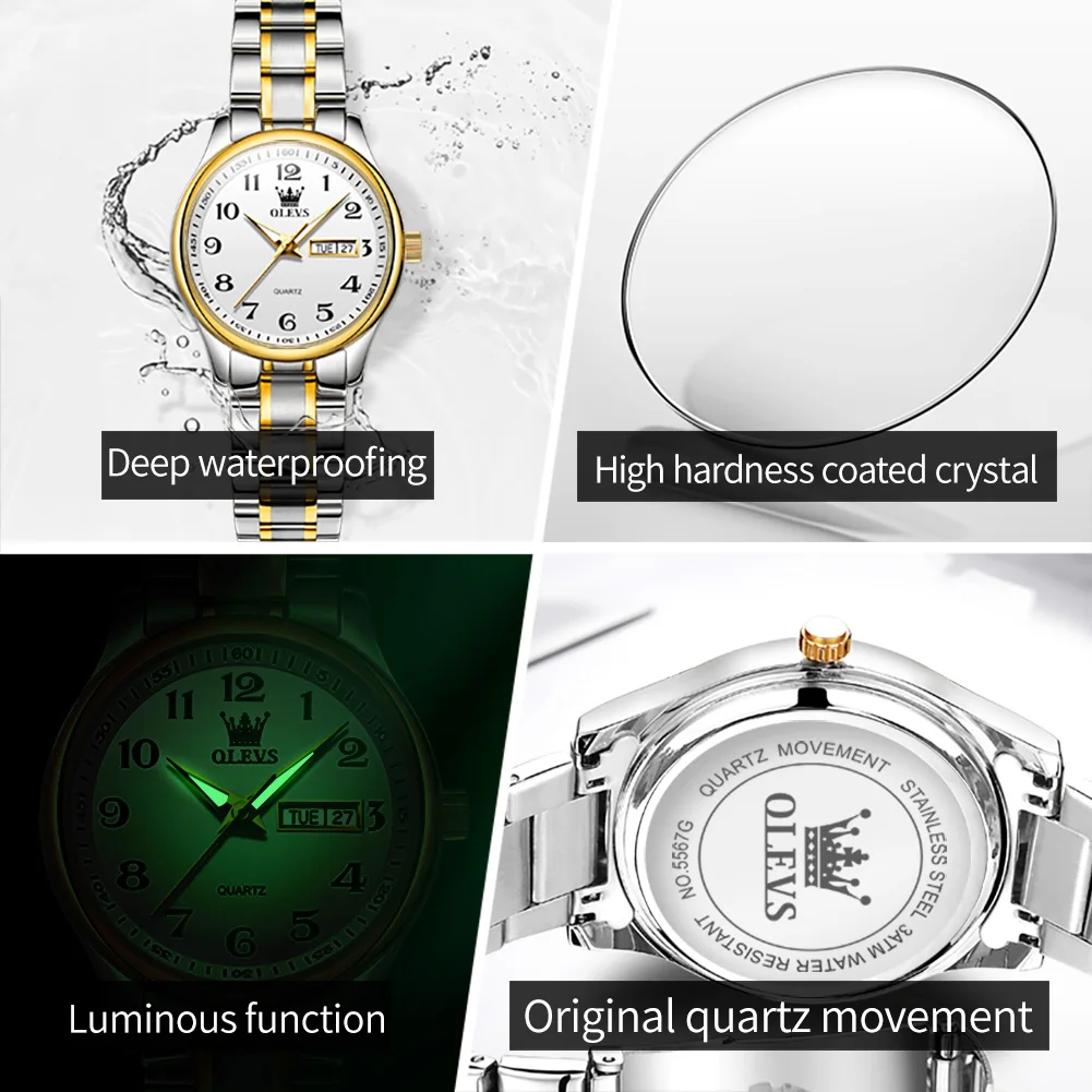OLEVS Original Brand Women's Watch Luxury Quartz Watches for Ladies Waterproof Stainless Steel Woman Wristwatch Reloj Hombre