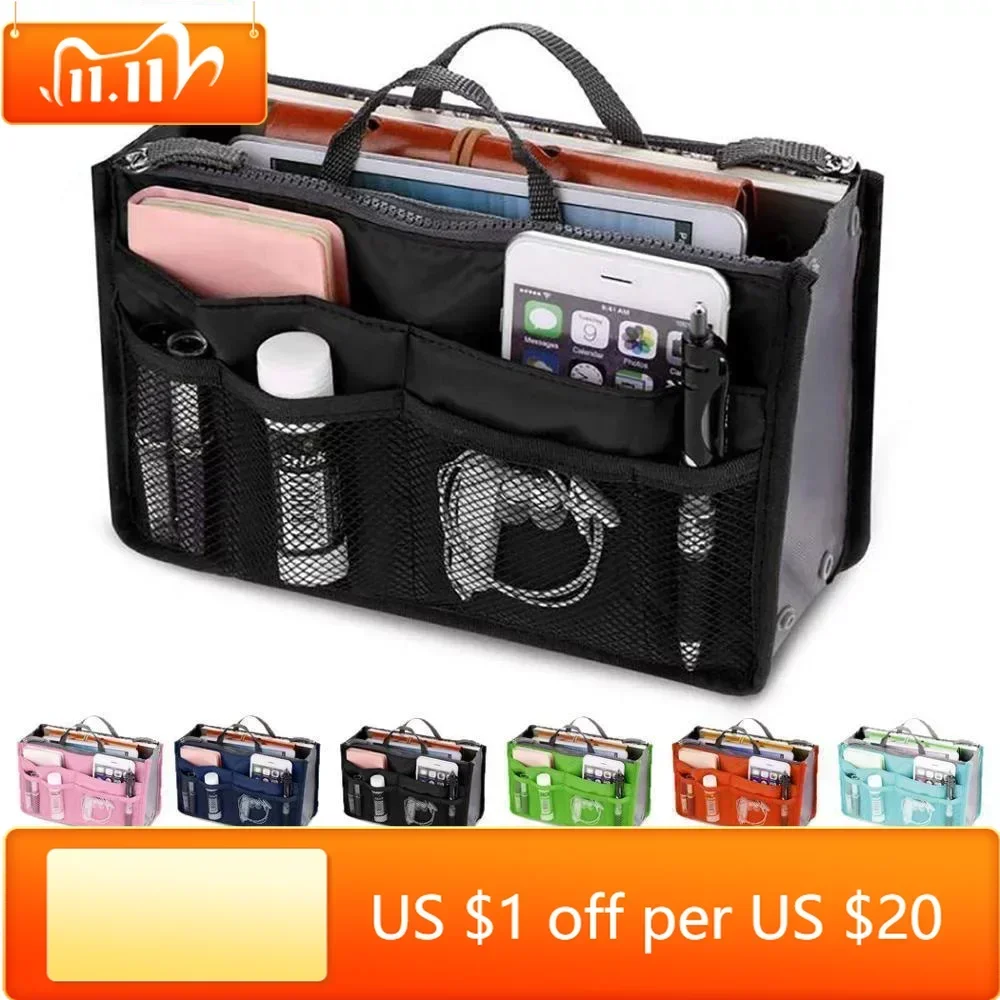 

Organizer Insert Bag Women Nylon Travel Insert Organizer Handbag Purse Large liner Lady Makeup Cosmetic Bag Cheap Female Tote