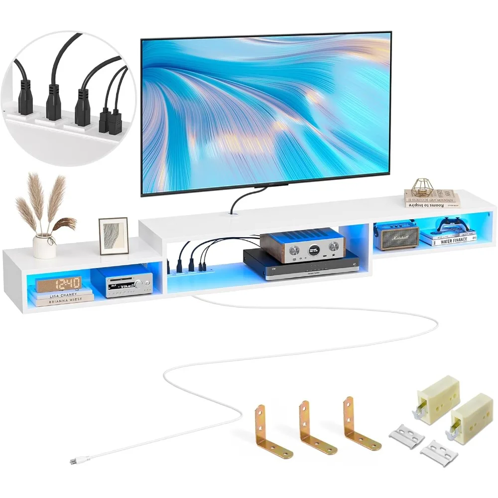 71 Inch Floating TV Stand with LED Light Power Outlet, TV Wall Mount Floating Shelf with Storage Rack, White 5