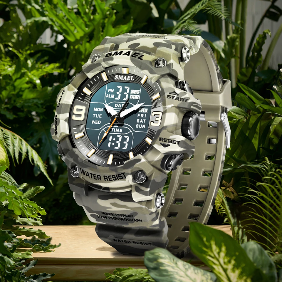 Orologio militare tattico sportivo da uomo, cronometro a grande quadrante, allarme, doppio display dell'ora, retroilluminazione, orologio da polso impermeabile per esterno, analogico digitale, Blu A