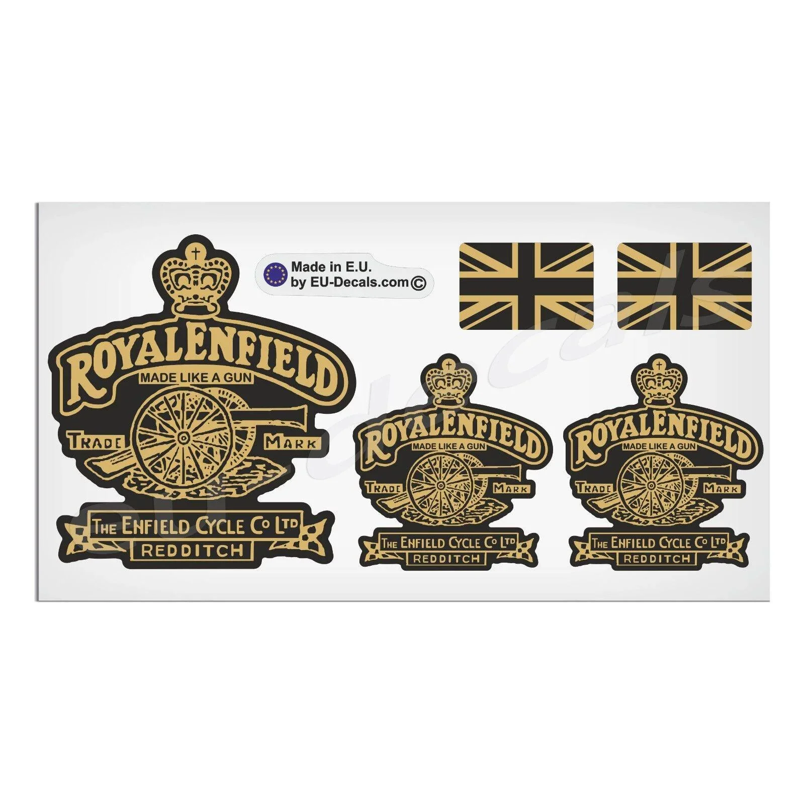 

For Set Royal Enfield Made Like A Gun & UK Flags Black Gold Decals Laminated Sticker