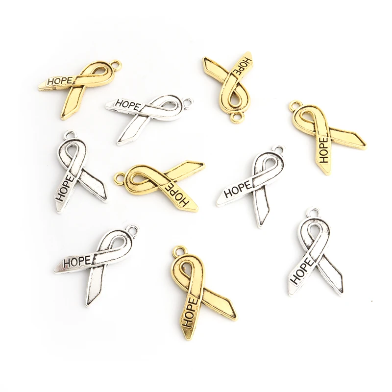 20pcs Breast Cancer Awareness Ribbon Charms Vintage Silver Gold