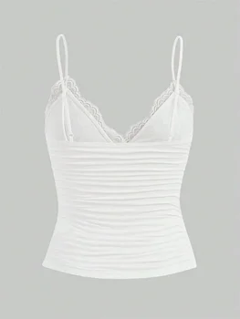 Sexy Contrast Lace Bow Front Crop Cami Top Women 2025 Summer Grunge Punk Y2K Clothes Ruched Skinny Backless Tee Shirt 4