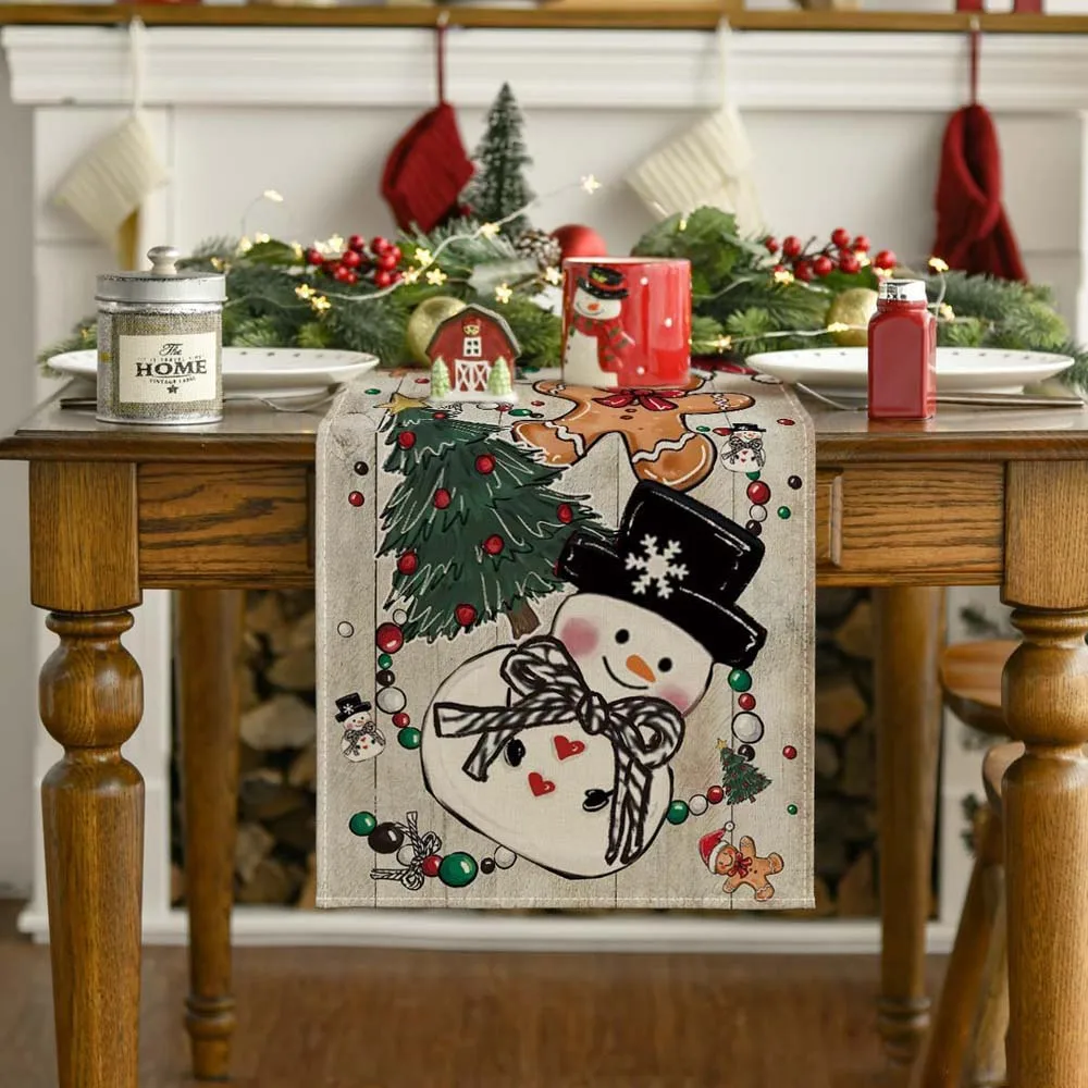 Description Picture 3 of item30x180cm Christmas Snowman Table Runner Reindeer Xmas Tree Print Table Mat Christmas Dining Table Decorations 2025 New Year Gift