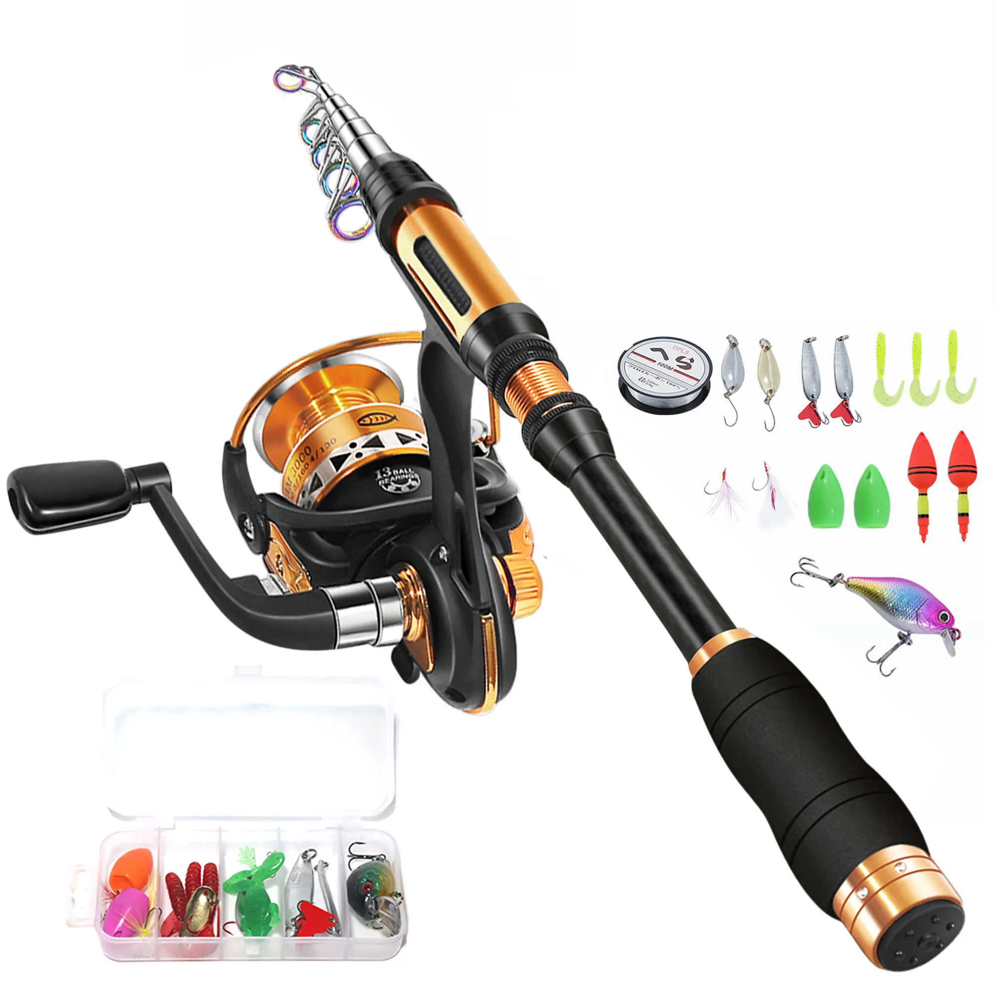 BNTTEAM 99% Carbon Telescopic Fishing Rod Spinning Reel Combo Set with Line  Lures Kit Bag