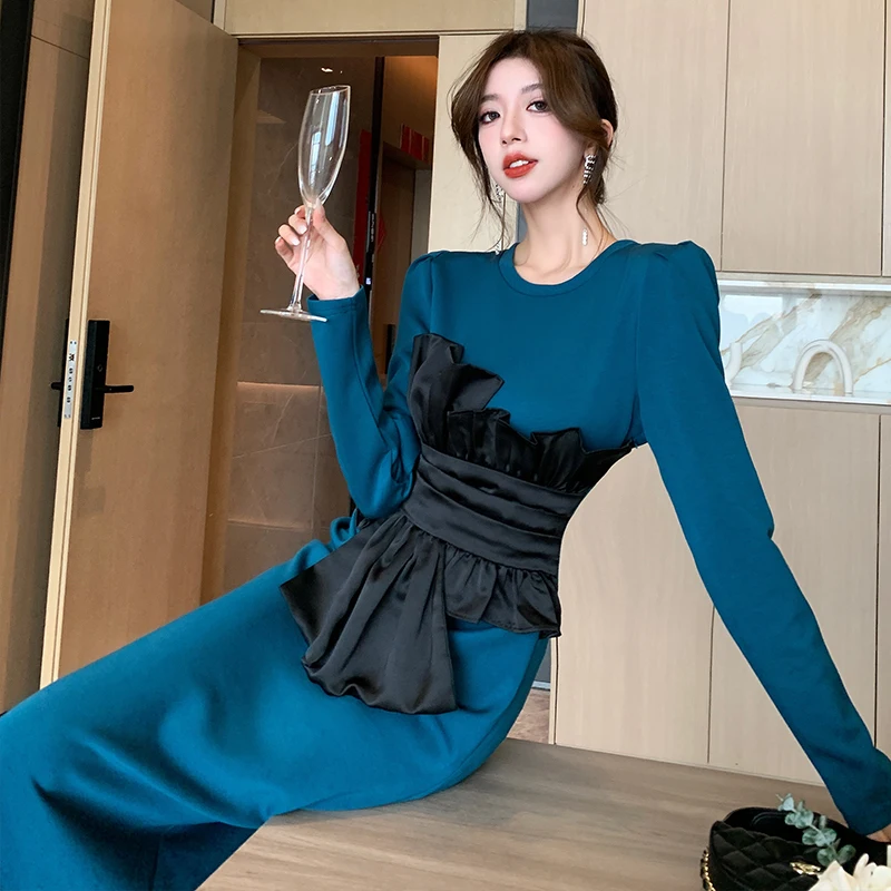 

Splicing Ruffles Long Section Dress Fashion Senior Sense of Pure Colour Long-sleeved Simple Elegant Woman Evening Dresses Autumn